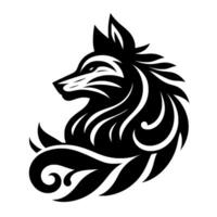 A stylized black and white wolf head , featuring intricate flowing lines and ornamental swirls, creating a dynamic and elegant with a modern aesthetic. vector