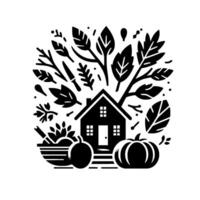 A stylized black and white illustration showcasing a cozy home surrounded by autumnal elements leaves, fruits, and harvest tools, evoking a sense of rustic charm. vector