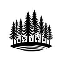 A stylized black and white illustration of a forest scene, featuring silhouetted pine trees, smaller leafshaped elements, and a curved base, all against a clean white backdrop. vector