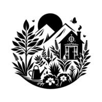 Black and White Circular Illustration of a Cozy Cottage in a Lush Garden Surrounded by Butterflies, Sun and Mountains vector