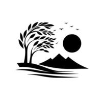A minimalist black and white landscape featuring a tree bending in the wind, mountains, a sun and birds in flight. vector