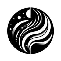 A symmetrical, blackandwhite abstract within a circle, featuring swirling lines, dotted textures, and celestial elements like the moon and stars. vector
