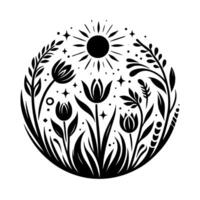A stylized black and white botanical illustration, capturing a sunlit meadow, featuring stylized tulips, grasses, and leaves, enclosed within a circular frame. vector