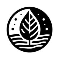 Black and white minimalist circular featuring a divided leaf, representing nature, with waterlike lines and scattered dots for balance. vector