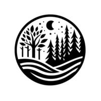 A stylized, circular monochrome illustration of a nighttime forest scene, with trees, hills, a crescent moon, and stars within a simple border. vector