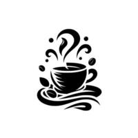 Artistic monochrome illustration depicting a steaming coffee cup, surrounded by beans, leaves, and stylized steam, radiating warmth and inviting aroma on a minimalist white background. vector