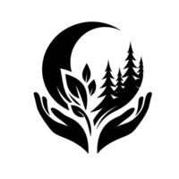 A stylized black and white illustration of hands cradling a forest scene, representing environmental care and natures protection, set against a crescent moon. vector
