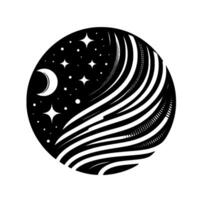 A black and white circular illustration depicting a serene night scene, featuring a crescent moon, stars, and stylized swirling elements. vector