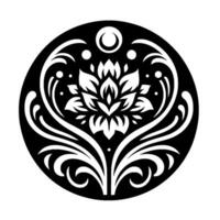 A symmetrical black and white mandala featuring a stylized lotus flower at the center, enclosed within a circular frame, with flowing, ornamental details. vector