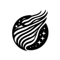 A monochrome emblem featuring a stylized bird or mythical creature with striped wings and a circle containing stars and celestial dots, embodying flight and aspiration. vector