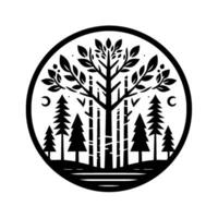 A Minimalist Black and White Circle Emblem Featuring a Majestic Central Tree, Encircled by Lush Foliage and Forest Elements, Evoking a Sense of Nature and Serenity. vector