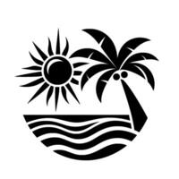 Stylized Black and White Tropical Paradise Silhouette Sun, Palm Tree, and Wavy Ocean, Evoking a Sense of Serenity and Summer Vibes. vector