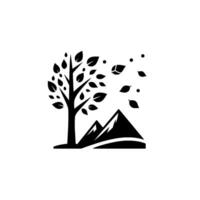 A minimalist black and white illustration depicts a tree with falling leaves beside stylized mountain peaks, evoking a sense of natures cycle and change. vector