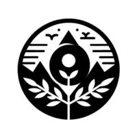 Minimalist Black White Emblem Circle with Mountain, Tree Birds, Symbolic of Nature Simplicity. vector
