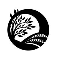 Black and White Silhouette of a Tree, Wheat and Curved Landscape Within a Circle, Suggesting Natures Harmony vector