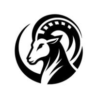 A bold, minimalist black and white emblem featuring a stylized rams head with curved horns and a circular border, radiating strength and elegance. vector