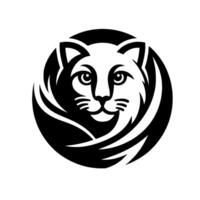 A stylized, minimalist illustration of a cats face within a circular frame, showcasing black and white contrast and clean lines. vector