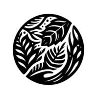 Intricate Black and White Floral Silhouette Composition Enclosed in a Circle, Showcasing Detailed Leaf and Branch Forms in a Minimalist Style. vector