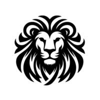 A bold, stylized lions head emblem, rendered in stark black and white, showcasing a powerful, regal with intricate mane details and a commanding gaze, set against a plain white backdrop. vector