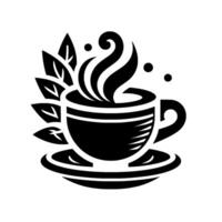 A stylized black and white illustration of a steaming coffee cup with decorative leaves, evoking warmth, and a minimalist . vector