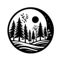 A Yin and Yanginspired circular illustration depicts a serene forest landscape with evergreen trees, a full moon, and a starry night sky in a minimalist black and white . vector