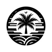 Circular black and white emblem with a stylized palm tree, crescent moon, and horizontal landscape elements, evoking a minimalist, tropical vibe. vector