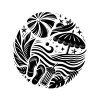 A stylized, black and white circular illustration depicting summer beach elements sun umbrella, flipflops, waves, palm leaves, and a tropical drink, evoking a sense of relaxation and vacation. vector