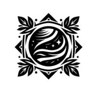 Black and white decorative emblem featuring a circular cosmic with stylized waves and stars, enclosed within a square frame adorned with leaves and geometric elements. vector
