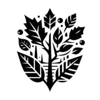 Stylized Black White Botanical A symmetrical composition featuring a treelike structure surrounded by various leaf shapes, circles, and geometric elements. vector