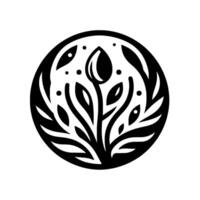 Elegant Black White Botanical Emblem A stylized floral within a circle, featuring a central bud, leaves, and delicate dot accents, creating a balanced and minimalist aesthetic. vector