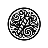 Intricate Black and White Illustration of a Candy Cane Surrounded by Ornate Swirls and Decorative Elements within a Circular Frame. vector