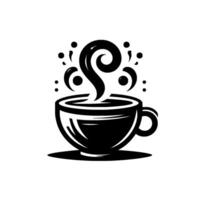 A stylized, black and white illustration of a steaming coffee cup, with swirling vapors and decorative accents, set against a minimalist white backdrop. vector