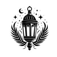 A stylized black and white illustration of an ornate lantern, with a crescent moon and stars against a white backdrop, surrounded by leafy branches, invoking a feeling of serenity and celebration. vector
