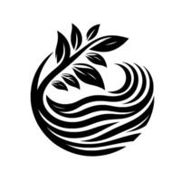 Elegant black and white emblem of a tree with leaves, gracefully emerging from wavy lines, set against a clean white backdrop. vector