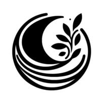 A minimalist, black and white featuring a stylized crescent embracing a sprig of leaves, encircled by sweeping curved lines. vector
