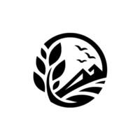 Symbolic black and white circular , featuring a stylized mountain range, flying birds, and botanical elements. The evokes nature and serenity. vector
