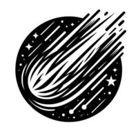 A stylized, minimalist black and white illustration of a celestial body within a circular frame, featuring streaking lines and starry elements, evoking motion and cosmic energy. vector