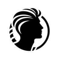 Stylish Silhouette A striking black and white minimalist featuring a mans profile with a textured, stylized hairstyle encompassed within a bold circular frame. vector