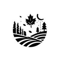 A minimalist black and white circular featuring a stylized autumn landscape with a large maple leaf, trees, rolling hills, a crescent moon, and falling leaves, evoking serenity. vector