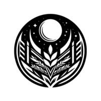 Abstract Black and White Circular Celestial Wheat Field with Moon, Stars, and Architectural Elements, Decorative Composition. vector