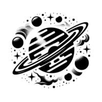 A stylized, monochrome depiction of a planet with rings, surrounded by celestial bodies and clouds of stippled detail, conveying a cosmic, retro aesthetic on a bright background. vector