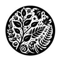 Intricate Black and White Circular Illustration of Botanical Elements, Featuring Leaves, Berries, and Foliage in a Stylized . vector