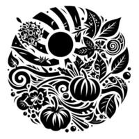 Intricate Black and White Circular Mandala Featuring Pumpkins, Leaves, Flowers, and Sunburst Elements, Celebrating Autumn. vector