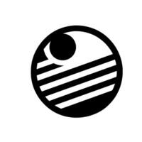 A minimalist black and white , featuring a stylized eyelike within a circle composed of horizontal stripes and a dark, rounded shape. vector