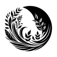 A monochromatic botanical illustration featuring stylized plant life and a crescent moon shape, creating a harmonious circular composition. vector