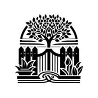 Elegant black and white linework illustration of a fruit tree within an arched frame, behind a picket fence, gate, and decorative floral elements. vector