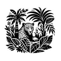 A stylized black and white illustration of a leopard nestled amidst dense jungle foliage, creating a striking contrast. vector