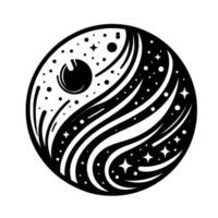 Yin Yang Cosmos A black and white representation of cosmic balance, featuring stars, nebulaelike patterns, and a central eyelike orb, all contained within a circular frame. vector