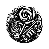 Monochromatic Swirl A stylized circular composition featuring candy elements lollipop, hard candy and swirls, forming a playful black and white , isolated on white. vector