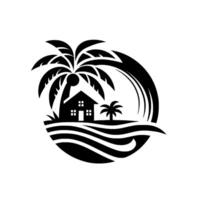 Minimalist Beachfront Silhouette of a House, Palm Trees, and Waves Encircled by a Wavelike , Black and White Composition. vector